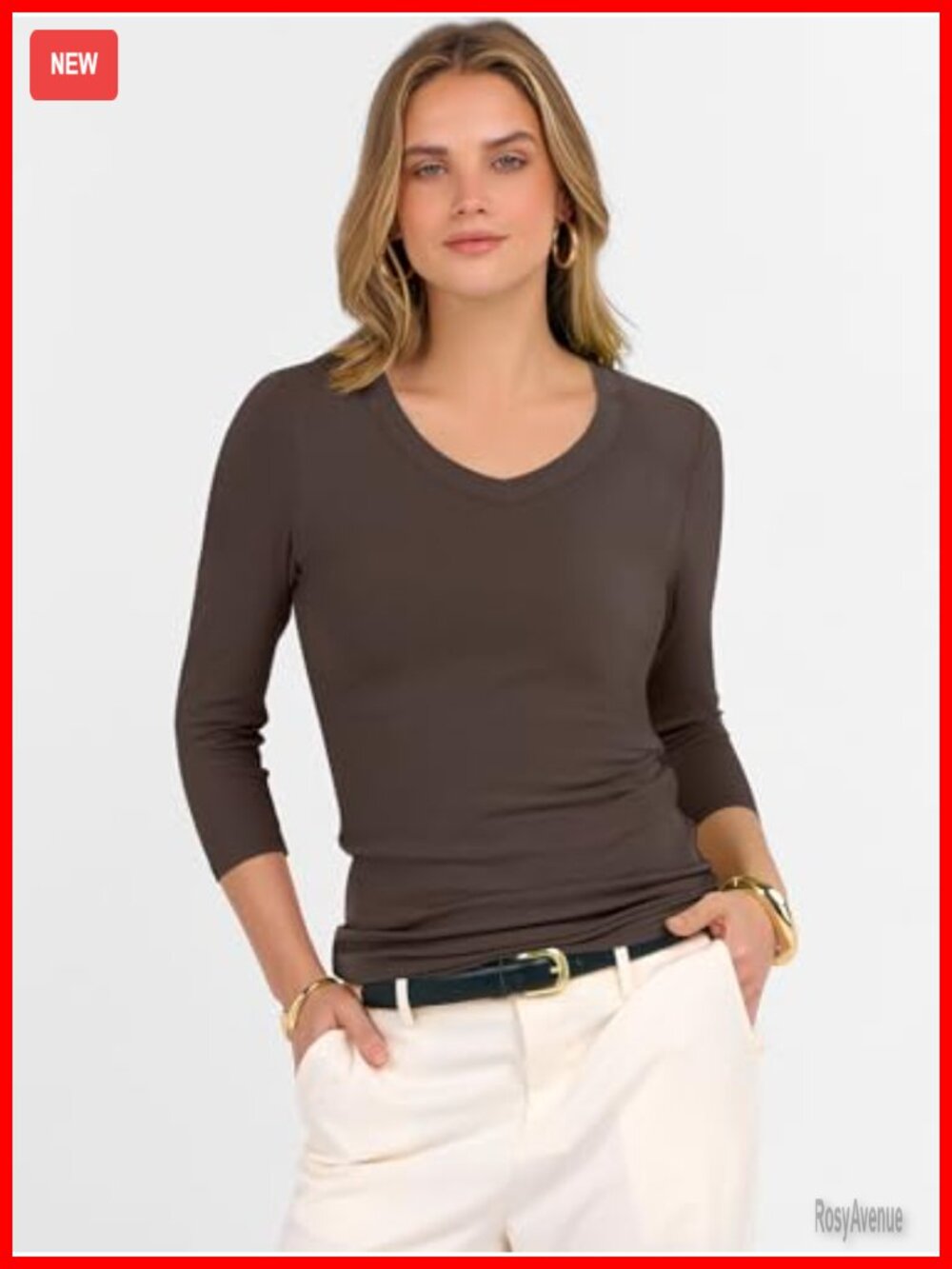 Women's Ribbed Knit V-Neck 3/4 Sleeve Slim Fit T-Shirt - Picture 3 of 7